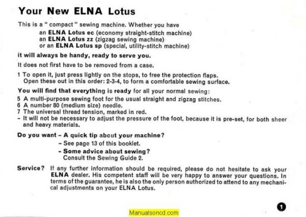 Elna Lotus EC-ZZ-SP Sewing Machine Instruction Manual