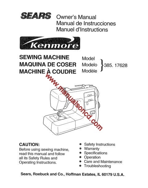 Kenmore 385.17628890 Sewing Machine Instruction Manual