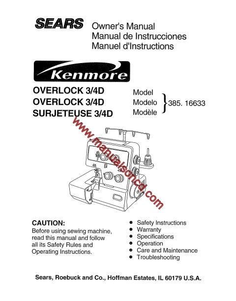 Kenmore 385.16633 OverLock Sewing Machine Manual