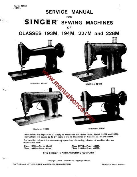 Singer 193M-194M-227M-228M Sewing Machine Service Manual