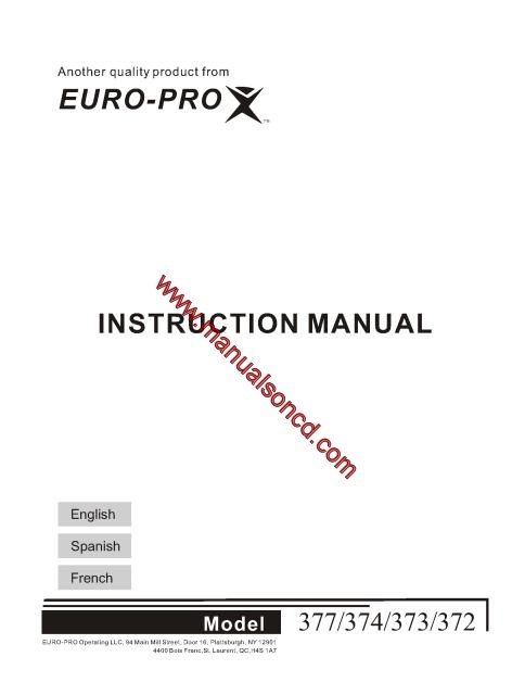 Euro-pro 372, 373, 374, 377 Sewing Machine Instruction Manual
